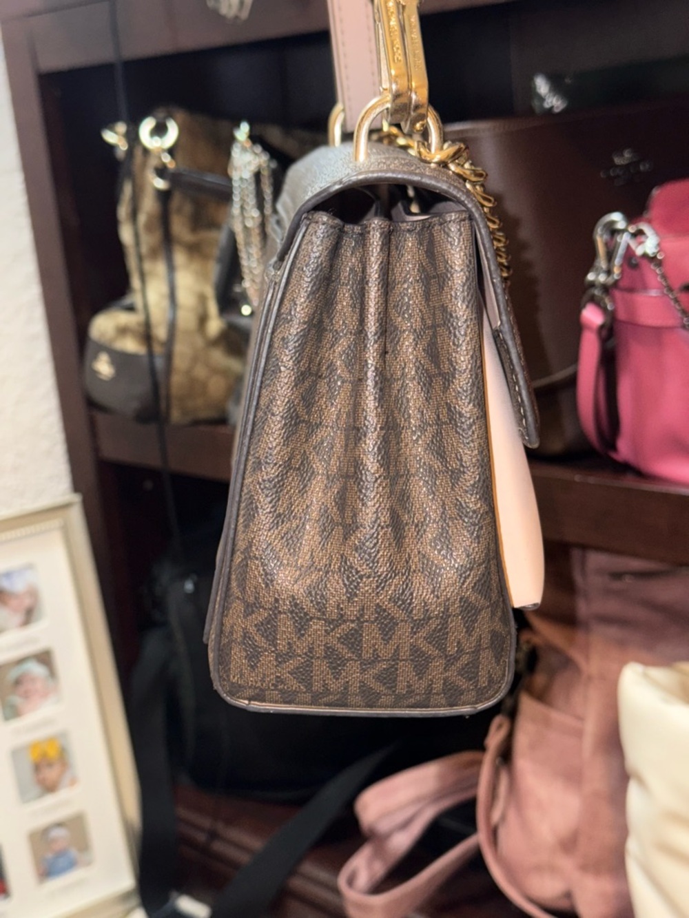 Michael Kors Brown Signature Crossbody with Blush Pink Flap & Gold Chain - Picture 5 of 7